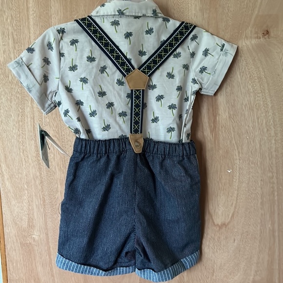 Little Lad Palm Trees and Suspenders Three Piece Set 18mo with denim shorts - Picture 5 of 5
